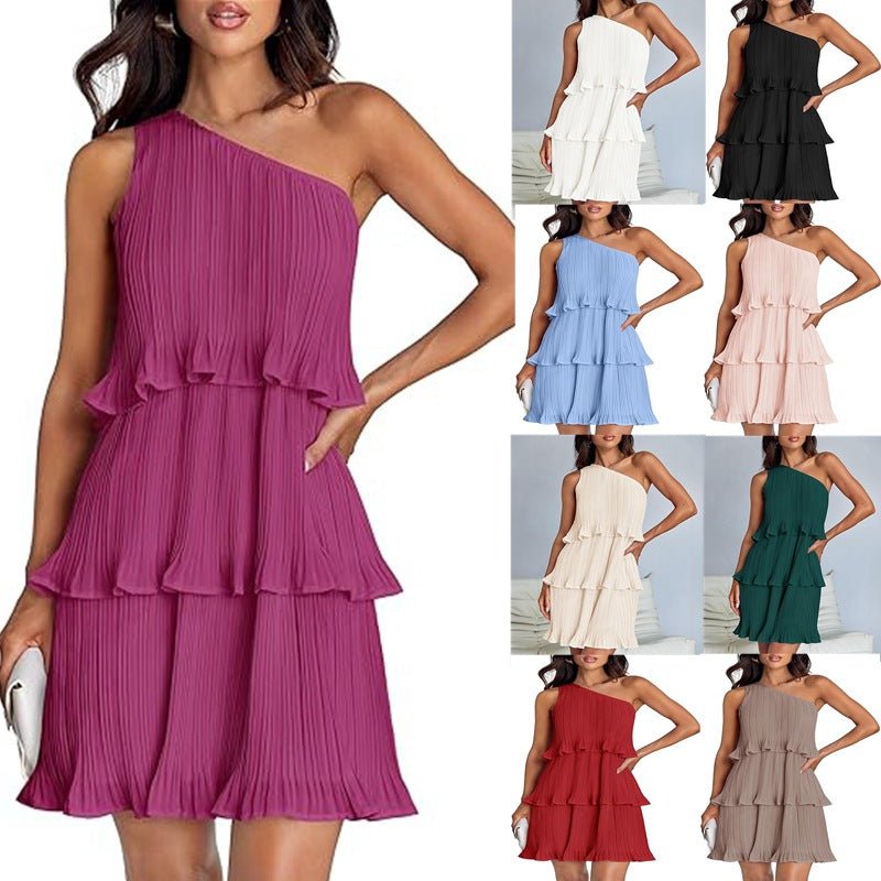 Casual Women's One Off - Shoulder Layered Stitching Hem Dress Simple Solid Color Dress Summer Street High Waist Comfortable Dresses - PratSN