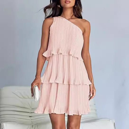 Casual Women's One Off - Shoulder Layered Stitching Hem Dress Simple Solid Color Dress Summer Street High Waist Comfortable Dresses - PratSN