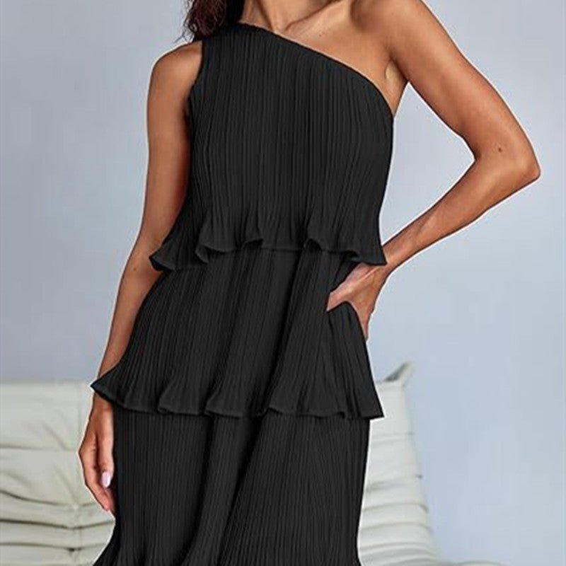 Casual Women's One Off - Shoulder Layered Stitching Hem Dress Simple Solid Color Dress Summer Street High Waist Comfortable Dresses - PratSN