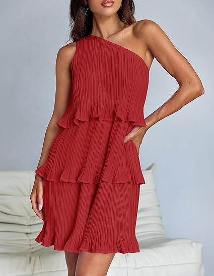 Casual Women's One Off - Shoulder Layered Stitching Hem Dress Simple Solid Color Dress Summer Street High Waist Comfortable Dresses - PratSN