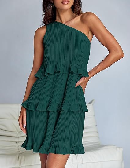 Casual Women's One Off - Shoulder Layered Stitching Hem Dress Simple Solid Color Dress Summer Street High Waist Comfortable Dresses - PratSN