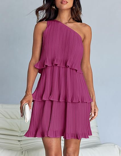 Casual Women's One Off - Shoulder Layered Stitching Hem Dress Simple Solid Color Dress Summer Street High Waist Comfortable Dresses - PratSN