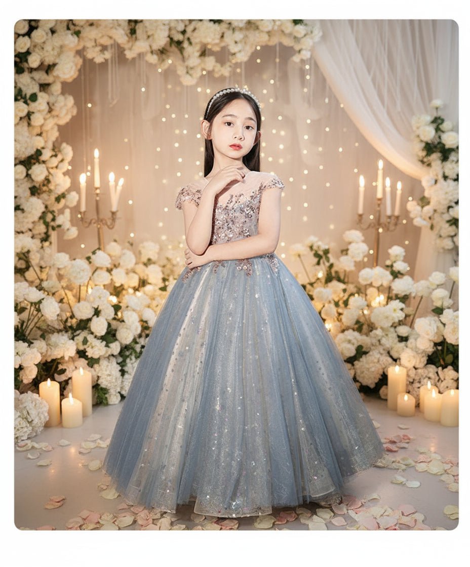 Champagne sequin embroidery Teenagers Kids Girls Wedding Long Girl Dress elegant Princess Party Pageant Formal Dress Baby dress - PratSN
