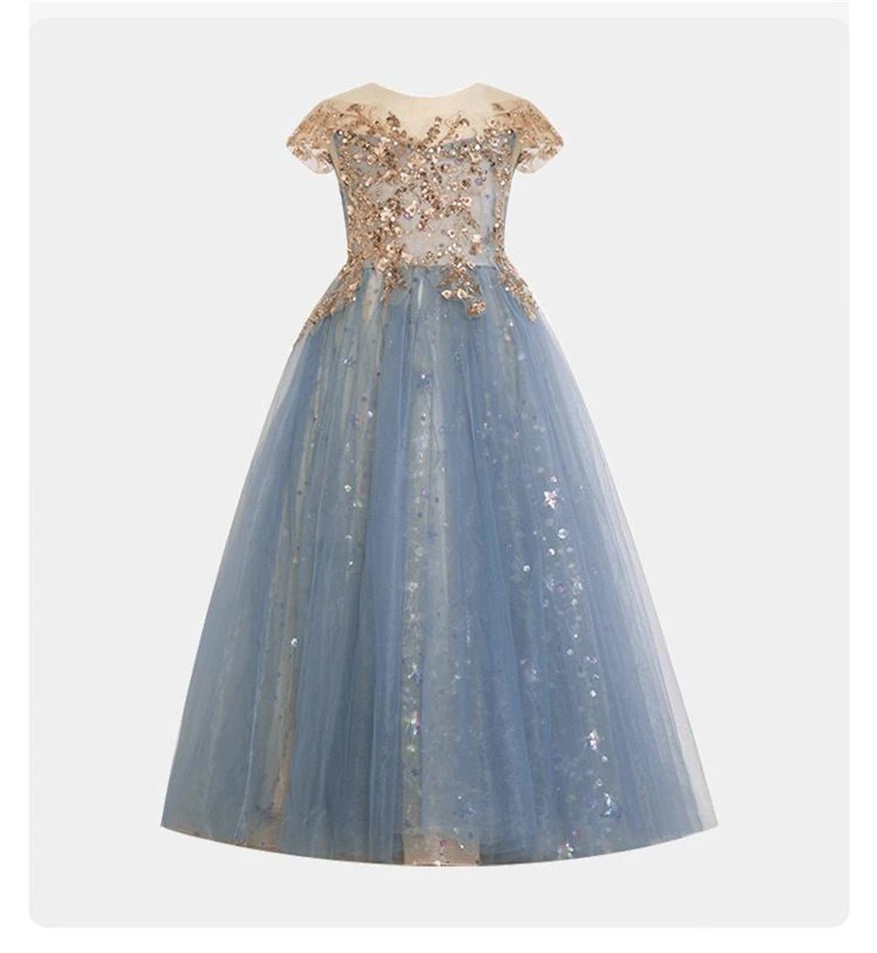 Champagne sequin embroidery Teenagers Kids Girls Wedding Long Girl Dress elegant Princess Party Pageant Formal Dress Baby dress - PratSN