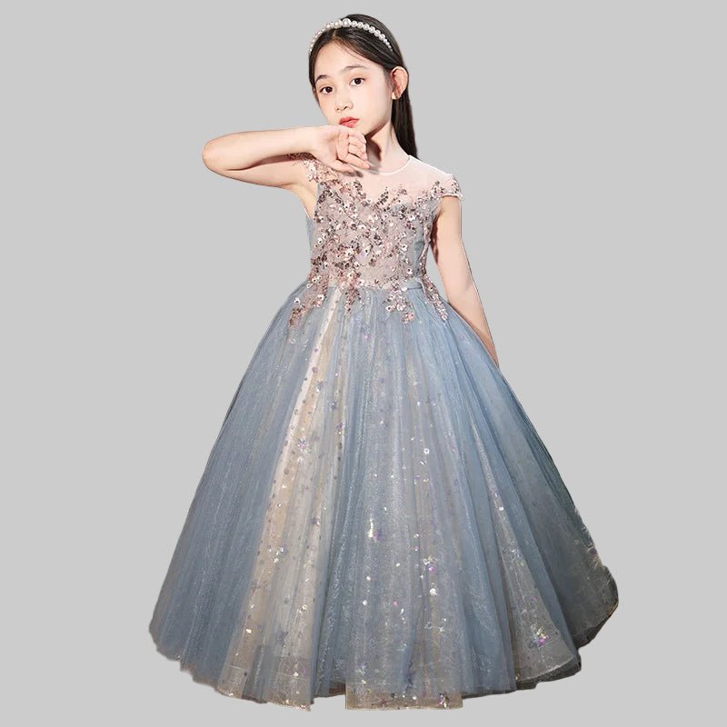 Champagne sequin embroidery Teenagers Kids Girls Wedding Long Girl Dress elegant Princess Party Pageant Formal Dress Baby dress - PratSN