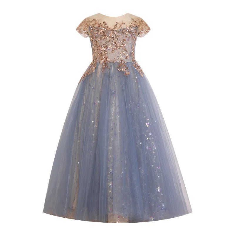 Champagne sequin embroidery Teenagers Kids Girls Wedding Long Girl Dress elegant Princess Party Pageant Formal Dress Baby dress - PratSN