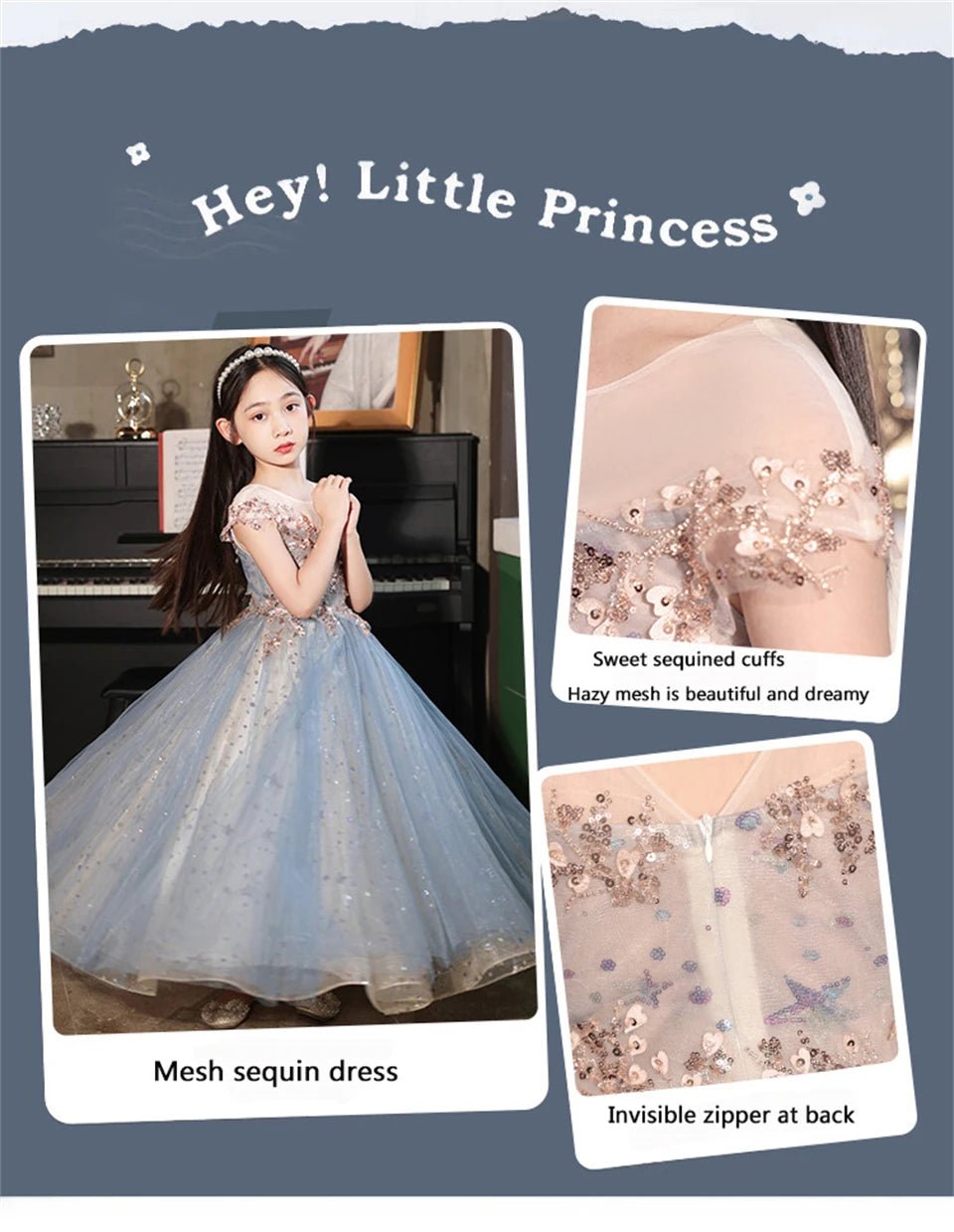 Champagne sequin embroidery Teenagers Kids Girls Wedding Long Girl Dress elegant Princess Party Pageant Formal Dress Baby dress - PratSN