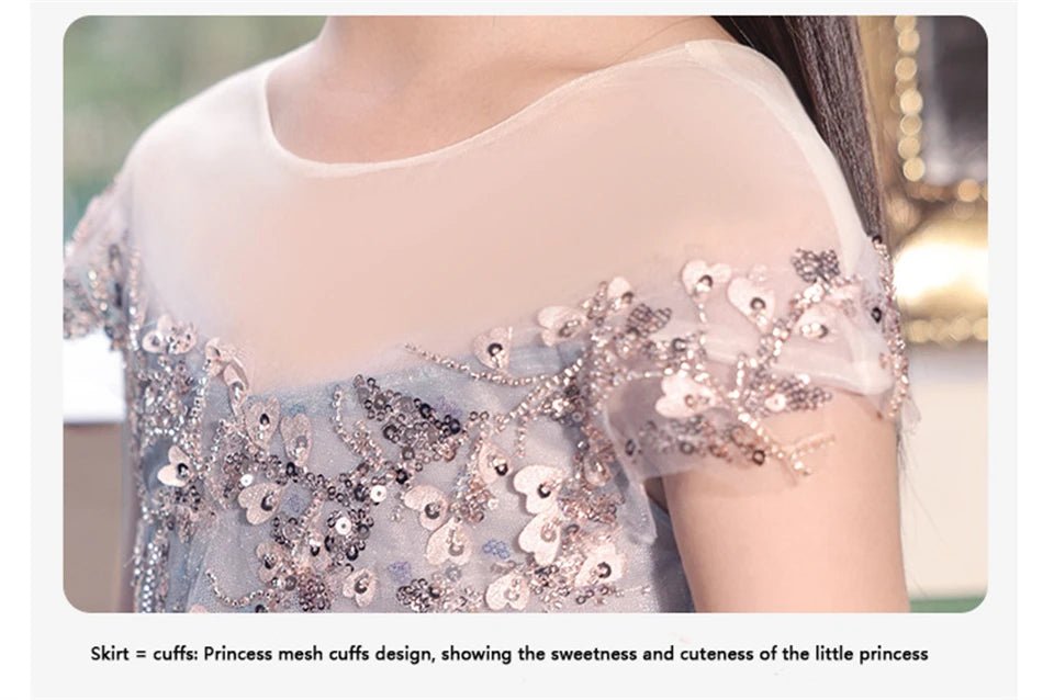Champagne sequin embroidery Teenagers Kids Girls Wedding Long Girl Dress elegant Princess Party Pageant Formal Dress Baby dress - PratSN