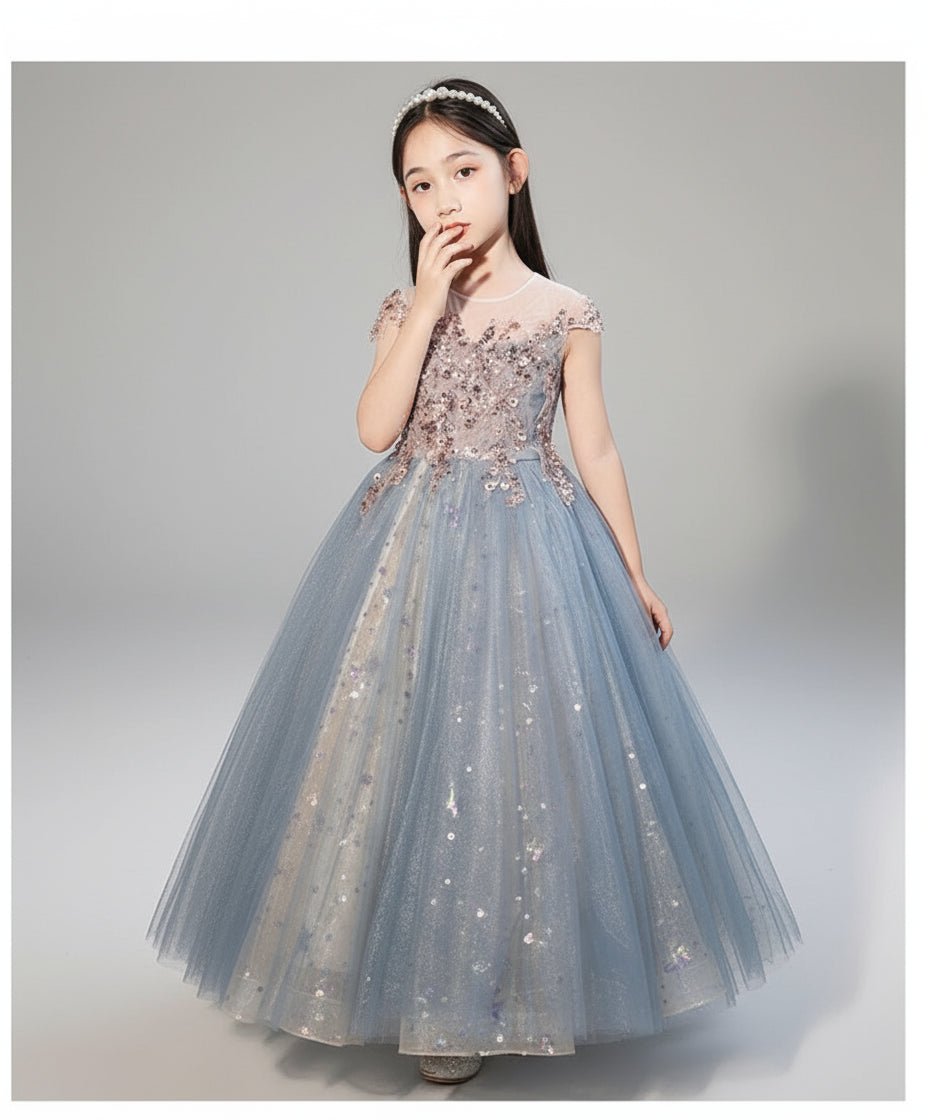 Champagne sequin embroidery Teenagers Kids Girls Wedding Long Girl Dress elegant Princess Party Pageant Formal Dress Baby dress - PratSN