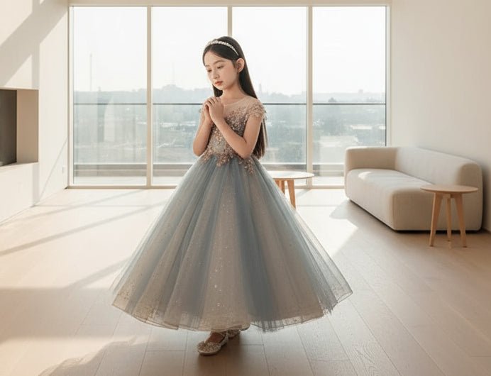 Champagne sequin embroidery Teenagers Kids Girls Wedding Long Girl Dress elegant Princess Party Pageant Formal Dress Baby dress - PratSN