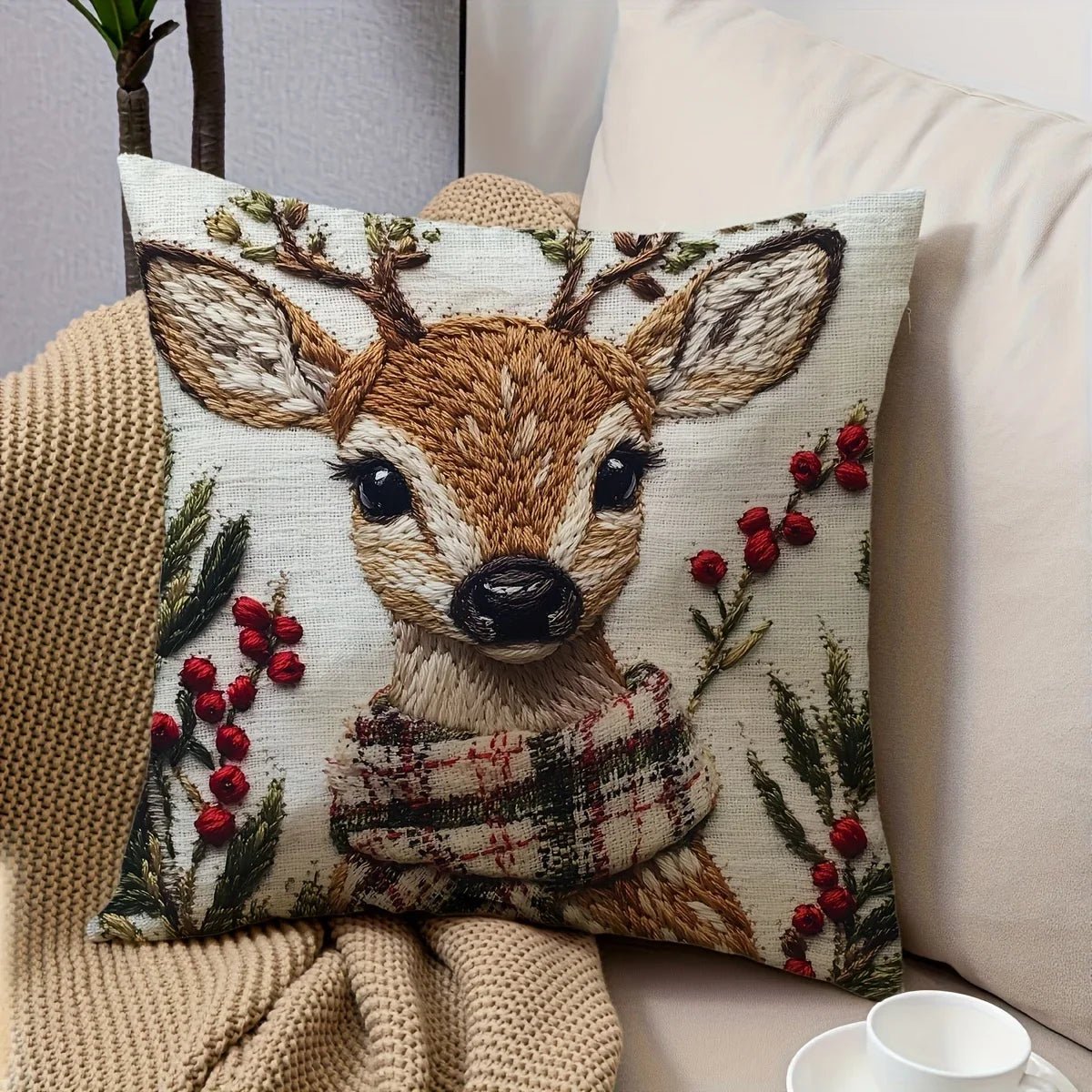 Charming Christmas Reindeer 18x18 Inch Throw Pillow Cover - Soft Short Plush with Zipper Closure for Bedroom & Living Room Decor - PratSN