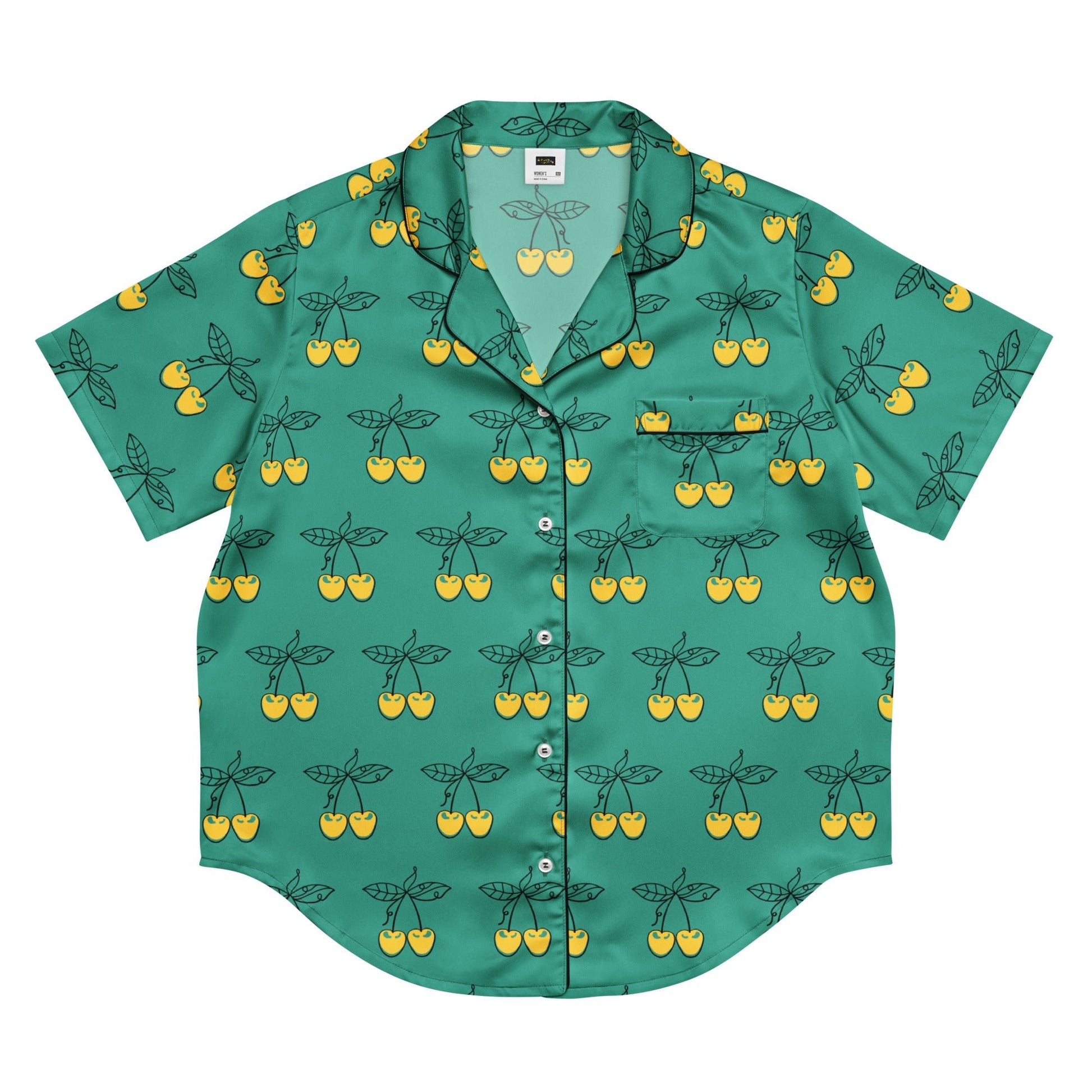 Charming Yellow Cherries Short Sleeve Pajama Top for Women in Elf Green - PratSN