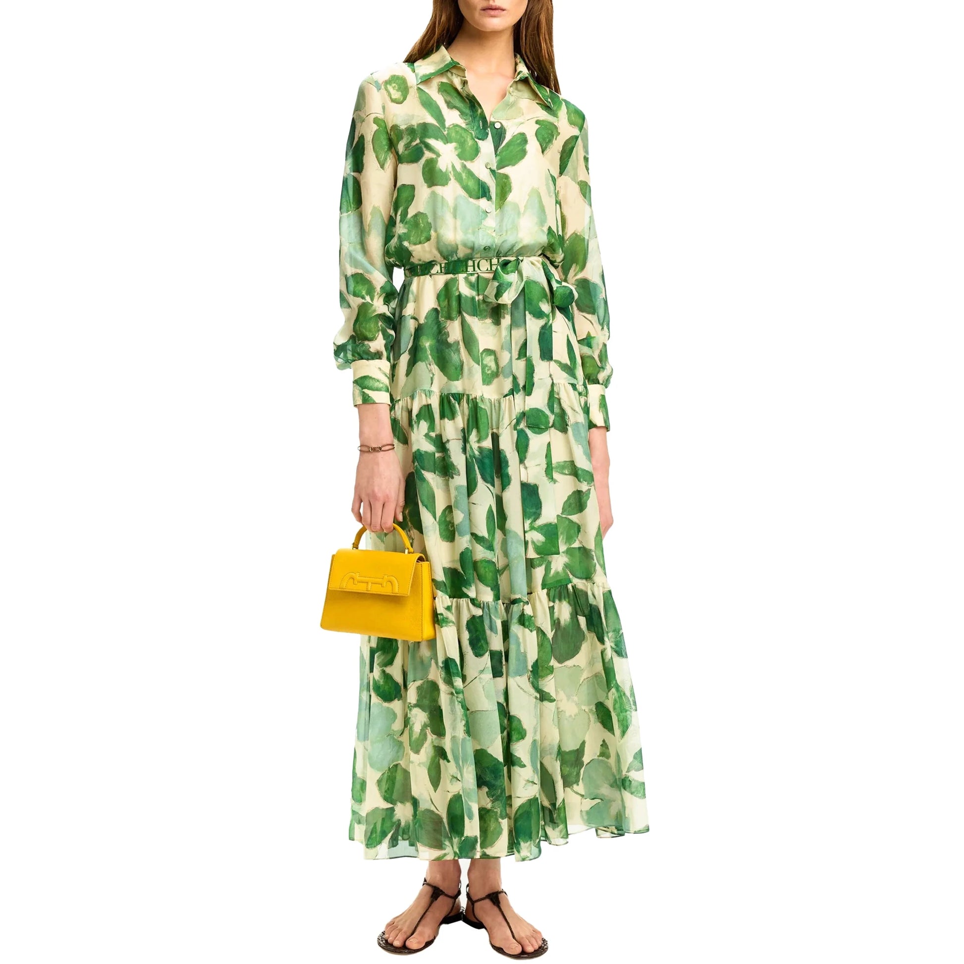 CHCH 2025 Dresses Women's New Belted Chiffon Print V - neck Chic Slim Long Dress Fashion Elegant Holiday Street Women's Dress - PratSN