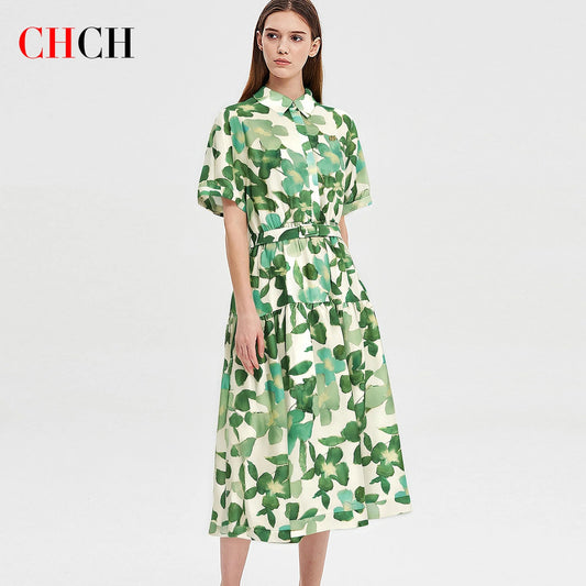 CHCH Women's Dress New Green Flower Printed Women's Long Dress with Belt - PratSN