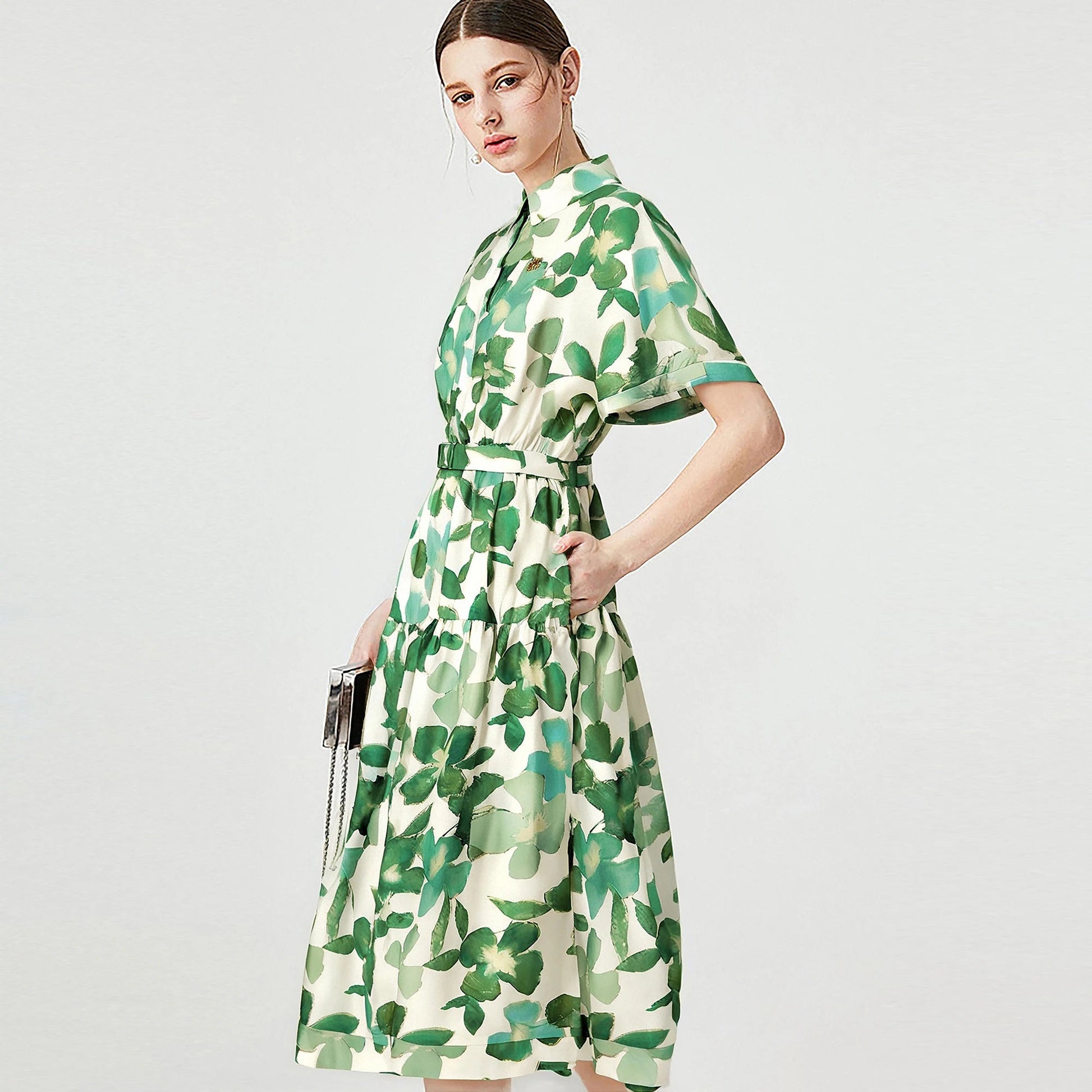 CHCH Women's Dress New Green Flower Printed Women's Long Dress with Belt - PratSN