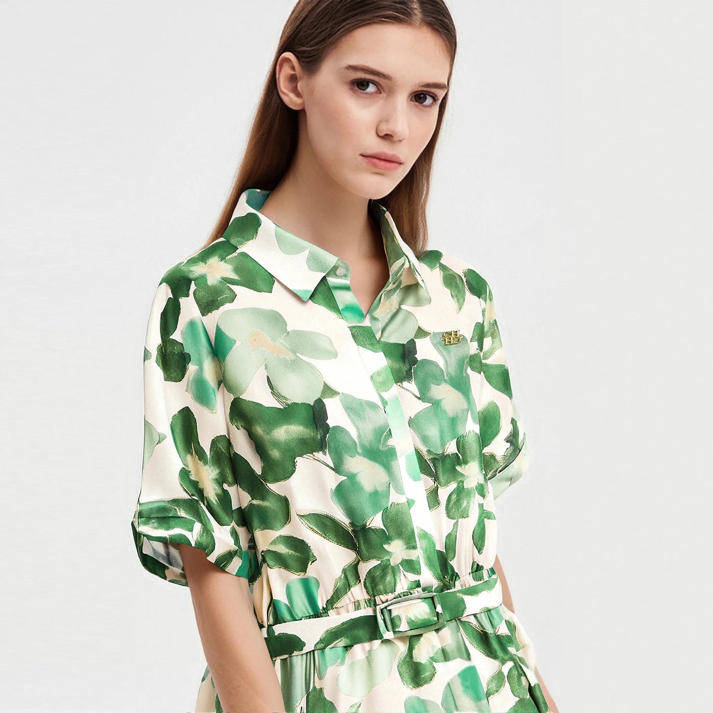CHCH Women's Dress New Green Flower Printed Women's Long Dress with Belt - PratSN