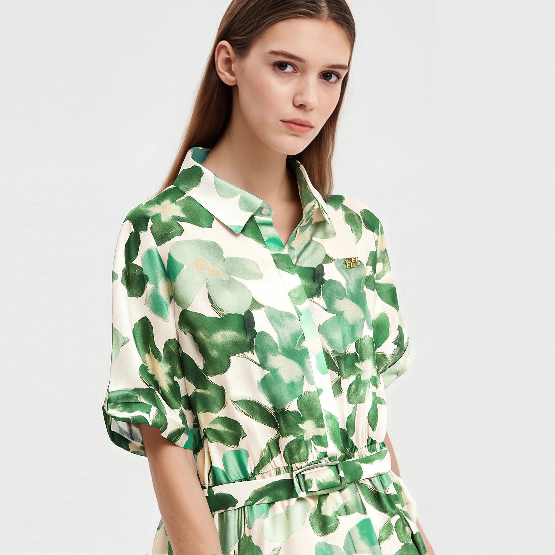 CHCH Women's Dress New Green Flower Printed Women's Long Dress with Belt - PratSN