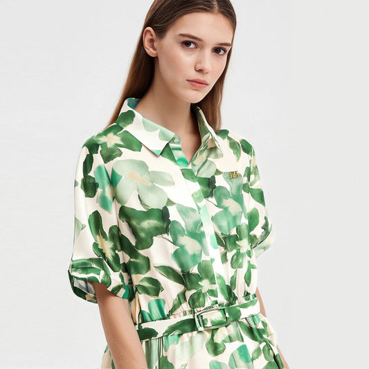 CHCH Women's Dress New Green Flower Printed Women's Long Dress with Belt - PratSN