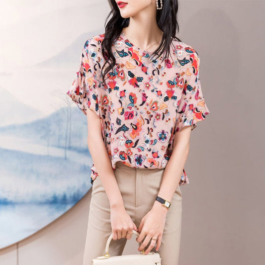 Chiffon Shirt Short - sleeved T-shirt Summer Women's Round Neck Top - PratSN