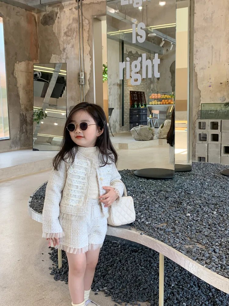 Children Clothes Sets Korea 2022 Spring Autumn Girls Lace Coat and Short Pants Sweet Princess Full Solid Baby Girl Clothes Set - PratSN
