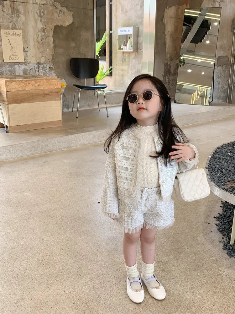Children Clothes Sets Korea 2022 Spring Autumn Girls Lace Coat and Short Pants Sweet Princess Full Solid Baby Girl Clothes Set - PratSN
