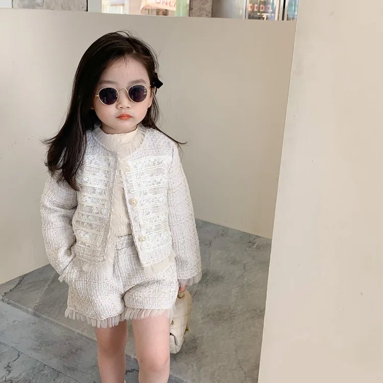 Children Clothes Sets Korea 2022 Spring Autumn Girls Lace Coat and Short Pants Sweet Princess Full Solid Baby Girl Clothes Set - PratSN