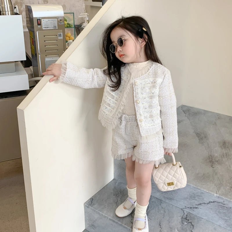 Children Clothes Sets Korea 2022 Spring Autumn Girls Lace Coat and Short Pants Sweet Princess Full Solid Baby Girl Clothes Set - PratSN