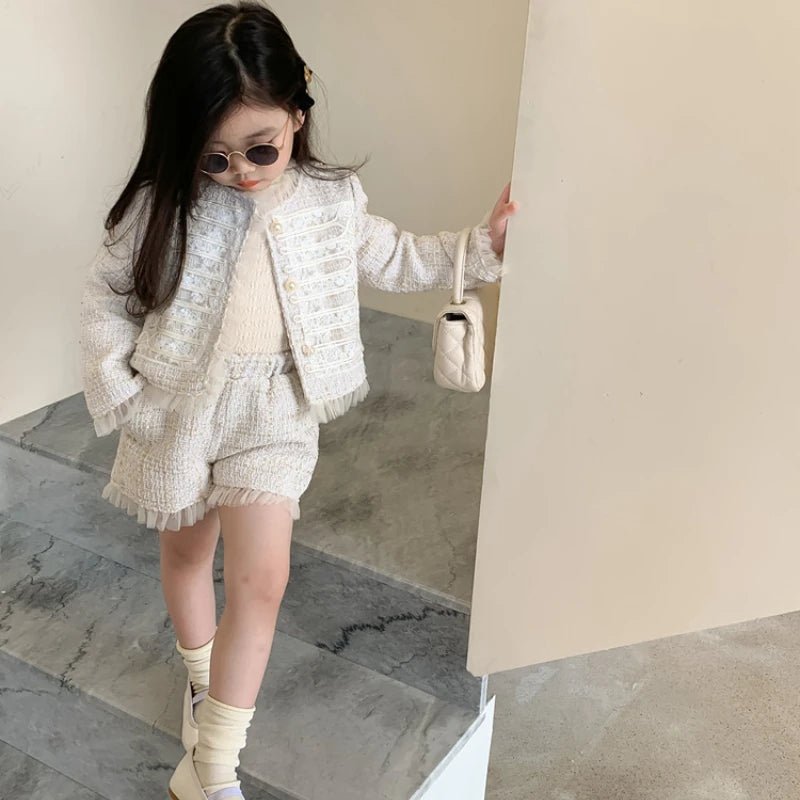 Children Clothes Sets Korea 2022 Spring Autumn Girls Lace Coat and Short Pants Sweet Princess Full Solid Baby Girl Clothes Set - PratSN