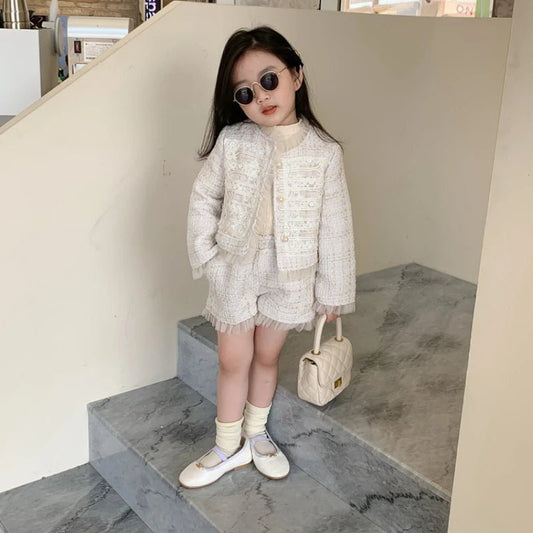 Children Clothes Sets Korea 2022 Spring Autumn Girls Lace Coat and Short Pants Sweet Princess Full Solid Baby Girl Clothes Set - PratSN