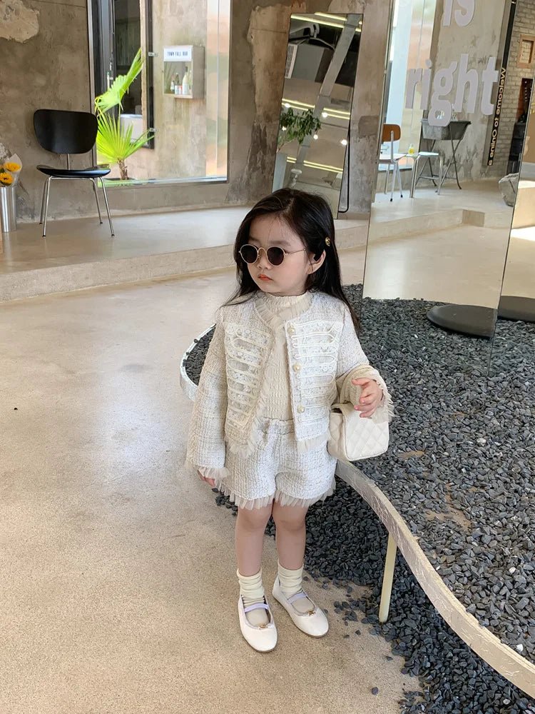 Children Clothes Sets Korea 2022 Spring Autumn Girls Lace Coat and Short Pants Sweet Princess Full Solid Baby Girl Clothes Set - PratSN