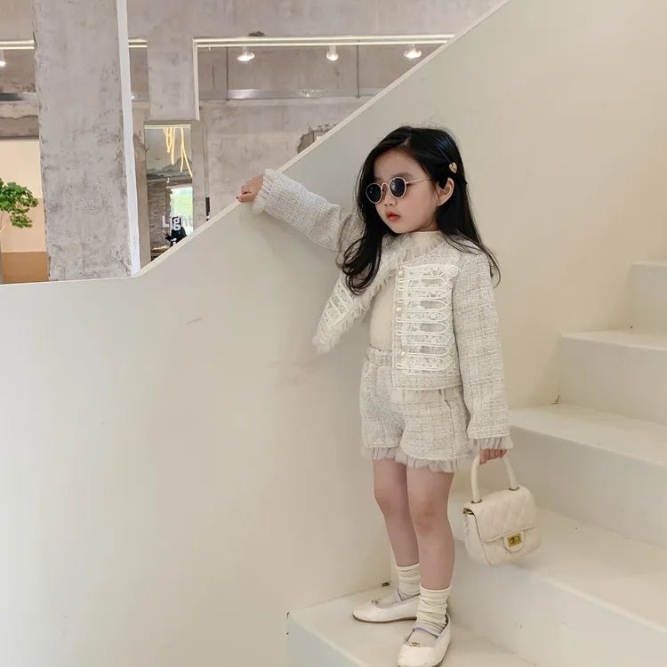Children Clothes Sets Korea 2022 Spring Autumn Girls Lace Coat and Short Pants Sweet Princess Full Solid Baby Girl Clothes Set - PratSN
