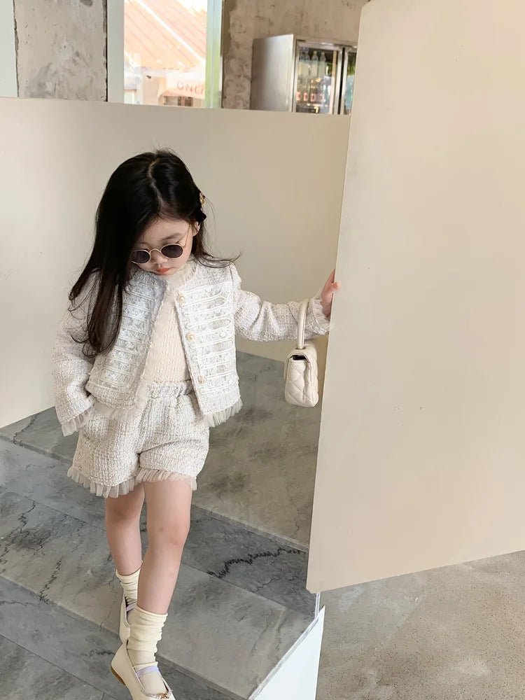 Children Clothes Sets Korea 2022 Spring Autumn Girls Lace Coat and Short Pants Sweet Princess Full Solid Baby Girl Clothes Set - PratSN