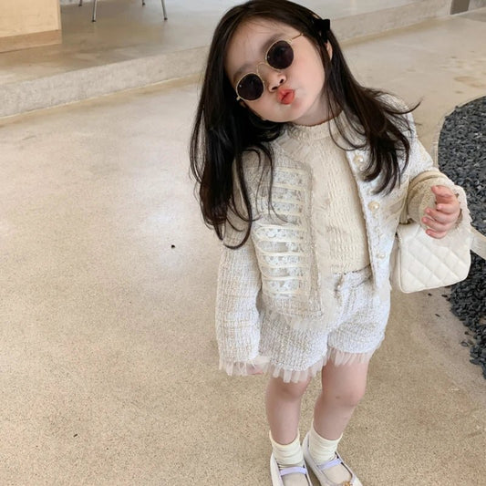Children Clothes Sets Korea 2022 Spring Autumn Girls Lace Coat and Short Pants Sweet Princess Full Solid Baby Girl Clothes Set - PratSN