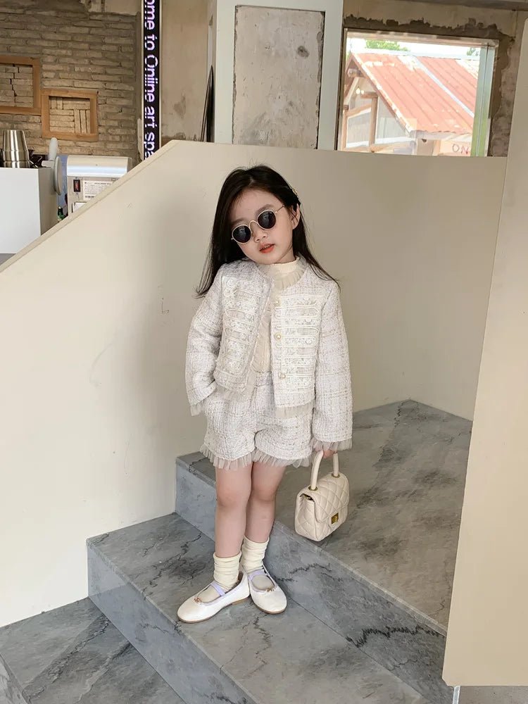 Children Clothes Sets Korea 2022 Spring Autumn Girls Lace Coat and Short Pants Sweet Princess Full Solid Baby Girl Clothes Set - PratSN