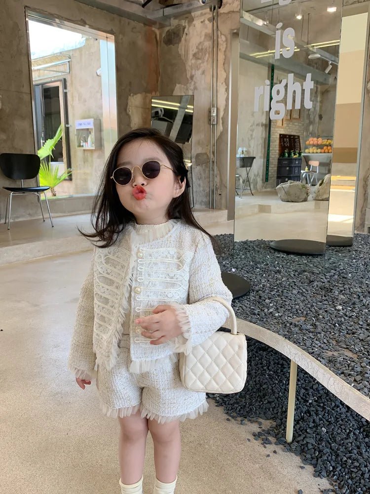 Children Clothes Sets Korea 2022 Spring Autumn Girls Lace Coat and Short Pants Sweet Princess Full Solid Baby Girl Clothes Set - PratSN