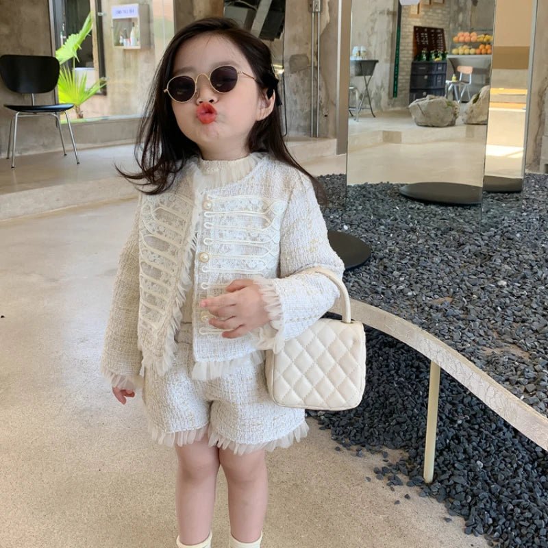 Children Clothes Sets Korea 2022 Spring Autumn Girls Lace Coat and Short Pants Sweet Princess Full Solid Baby Girl Clothes Set - PratSN