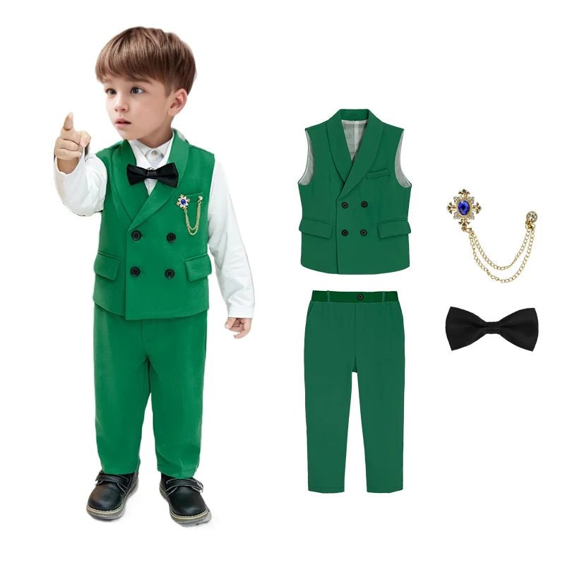 Children Spring Autumn Green Vest Suit Boy's Birthday Banquet Performance Photography Costume Kids Waistcoat Pants Outfit - PratSN