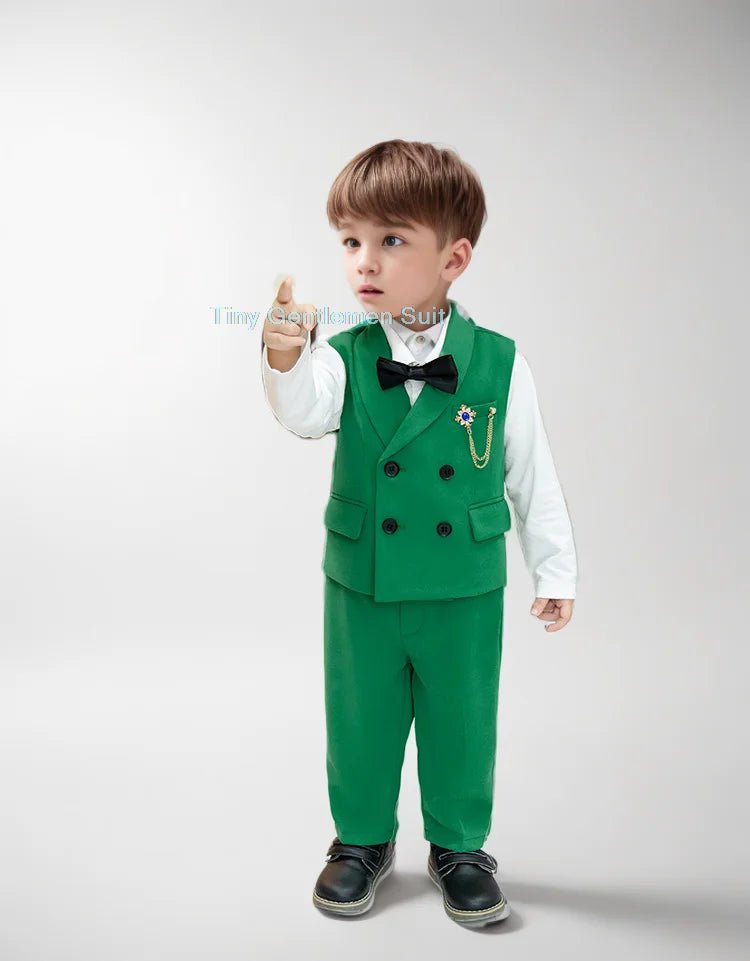 Children Spring Autumn Green Vest Suit Boy's Birthday Banquet Performance Photography Costume Kids Waistcoat Pants Outfit - PratSN