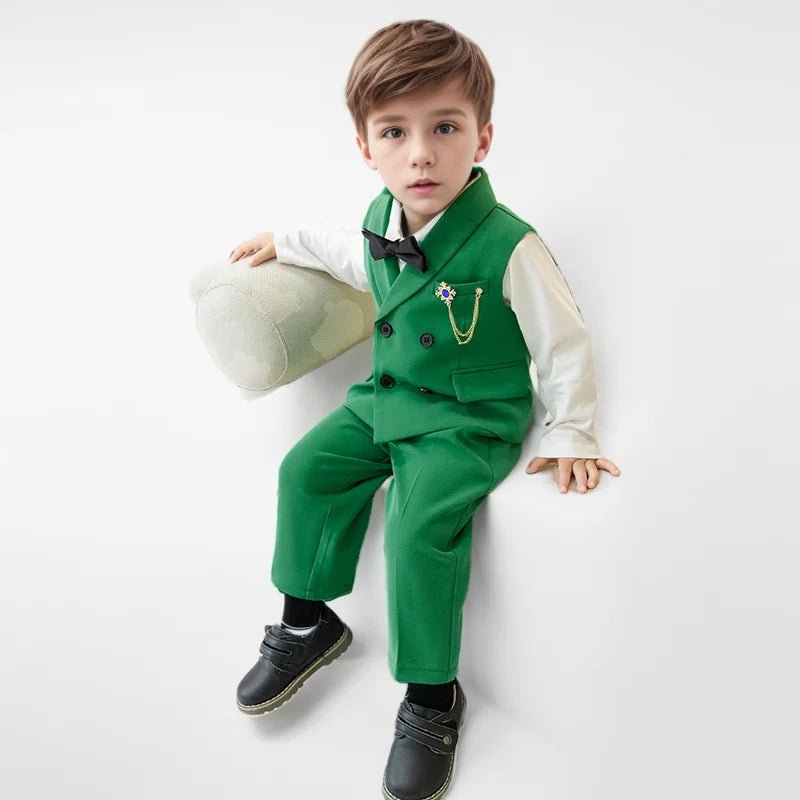 Children Spring Autumn Green Vest Suit Boy's Birthday Banquet Performance Photography Costume Kids Waistcoat Pants Outfit - PratSN