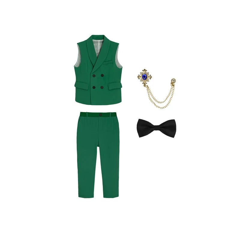 Children Spring Autumn Green Vest Suit Boy's Birthday Banquet Performance Photography Costume Kids Waistcoat Pants Outfit - PratSN