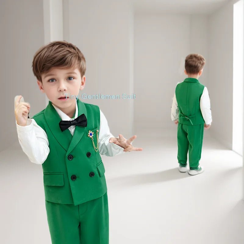 Children Spring Autumn Green Vest Suit Boy's Birthday Banquet Performance Photography Costume Kids Waistcoat Pants Outfit - PratSN