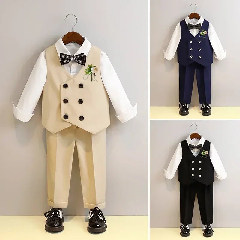 Children Vest Set 2 To 12 Y Flower Boys Wedding Suit Formal School Kids Piano Performance Costume Teens Birthday Evening Tuxedo - PratSN