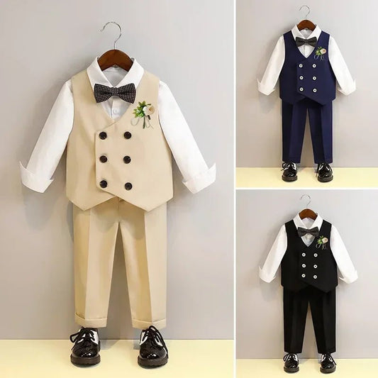 Children Vest Set 2 To 12 Y Flower Boys Wedding Suit Formal School Kids Piano Performance Costume Teens Birthday Evening Tuxedo - PratSN