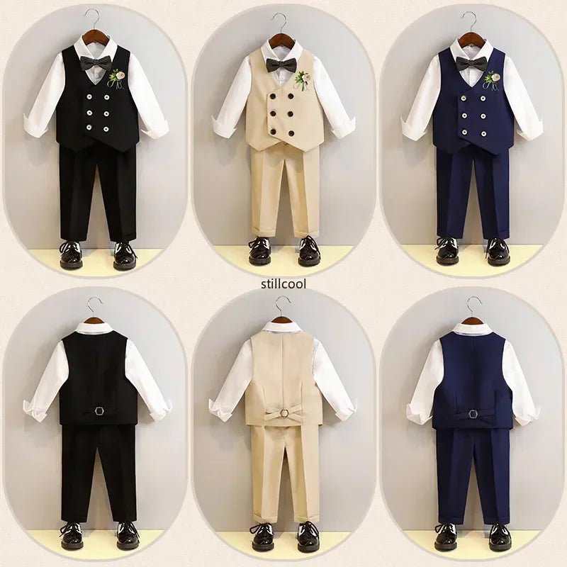Children Vest Set 2 To 12 Y Flower Boys Wedding Suit Formal School Kids Piano Performance Costume Teens Birthday Evening Tuxedo - PratSN