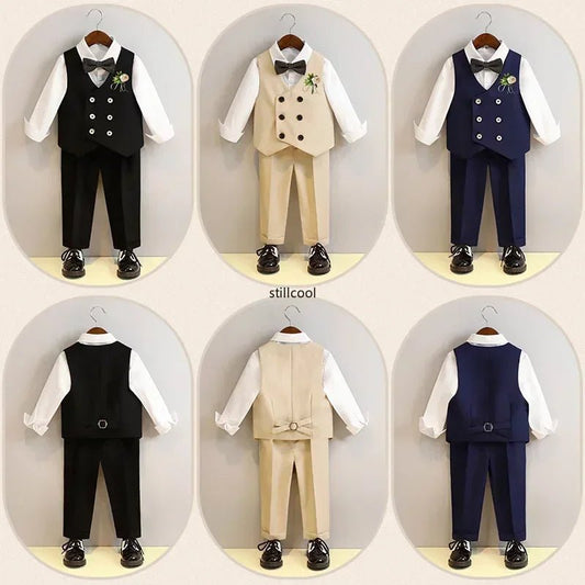 Children Vest Set 2 To 12 Y Flower Boys Wedding Suit Formal School Kids Piano Performance Costume Teens Birthday Evening Tuxedo - PratSN