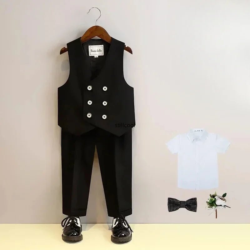 Children Vest Set 2 To 12 Y Flower Boys Wedding Suit Formal School Kids Piano Performance Costume Teens Birthday Evening Tuxedo - PratSN