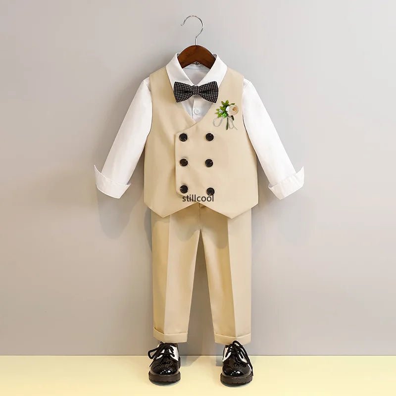 Children Vest Set 2 To 12 Y Flower Boys Wedding Suit Formal School Kids Piano Performance Costume Teens Birthday Evening Tuxedo - PratSN