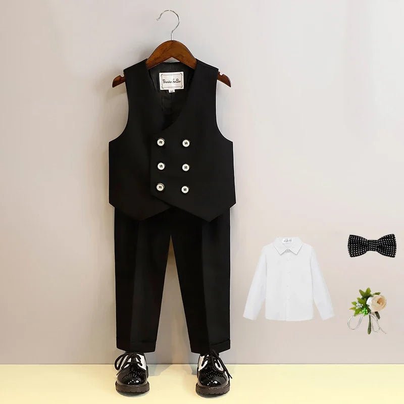 Children Vest Set 2 To 12 Y Flower Boys Wedding Suit Formal School Kids Piano Performance Costume Teens Birthday Evening Tuxedo - PratSN