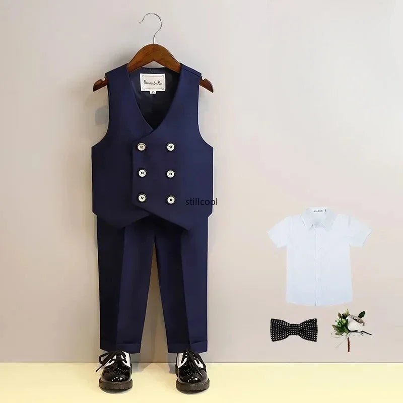 Children Vest Set 2 To 12 Y Flower Boys Wedding Suit Formal School Kids Piano Performance Costume Teens Birthday Evening Tuxedo - PratSN
