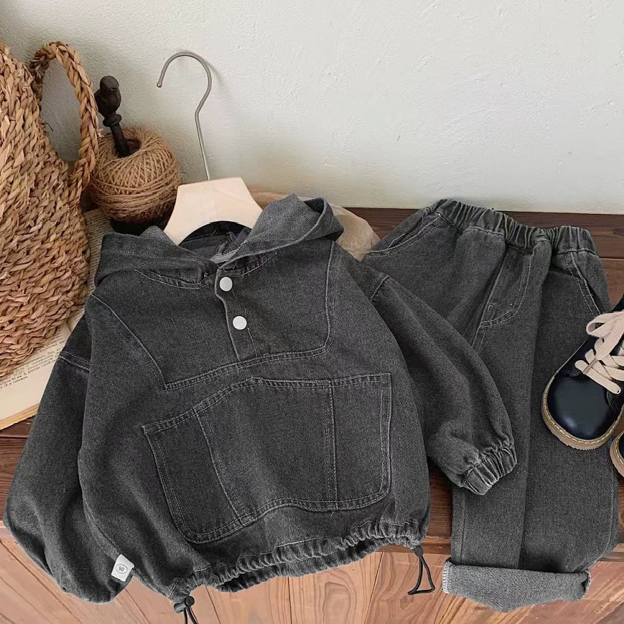 Children's clothing Spring and Autumn, boys' denim hooded sweatshirt, women's Baoyang solid color long sleeved top and pants set - PratSN